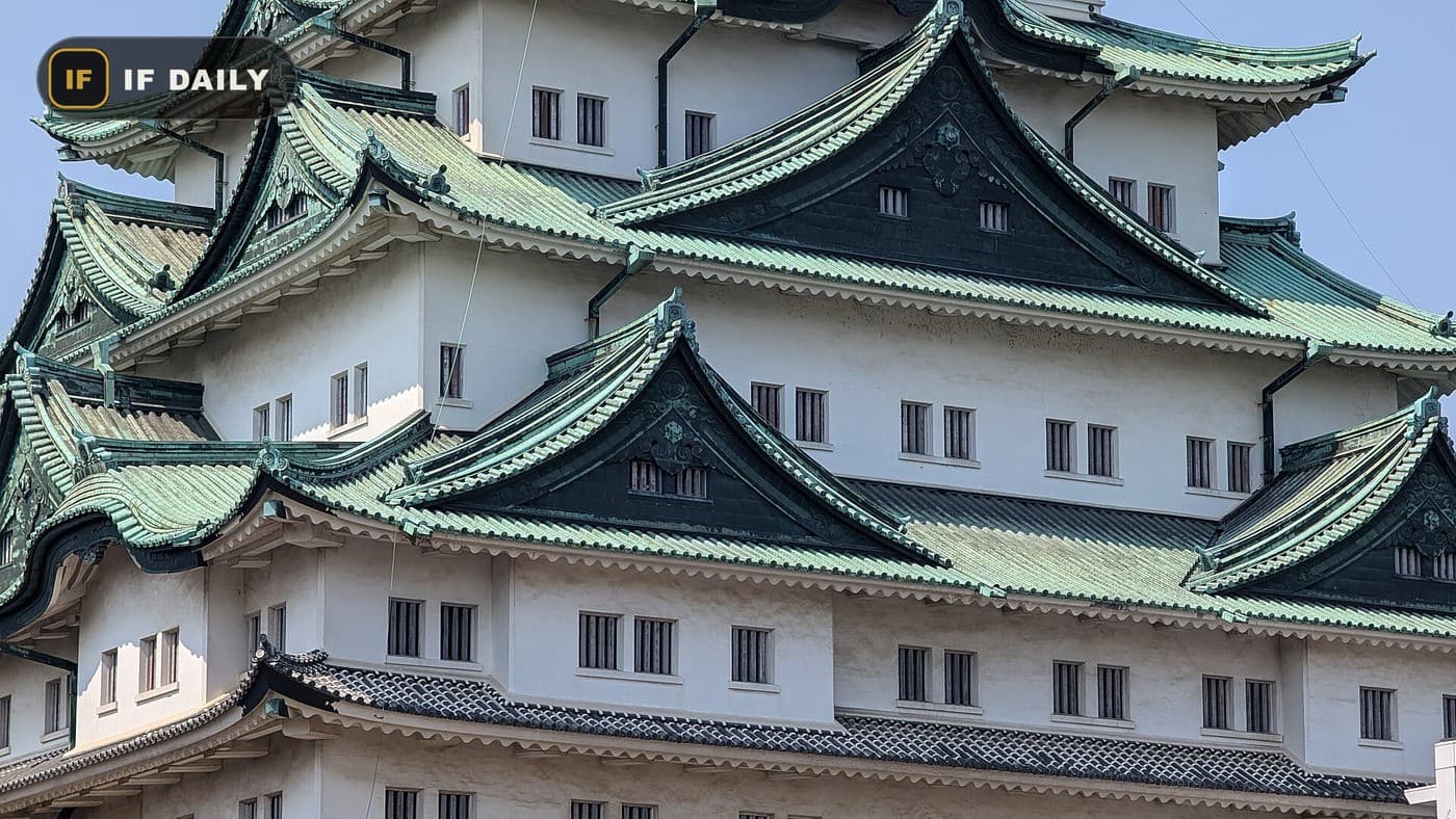 A close-up of Nagoya Castle in Japan, with its green copper roofs and white walls. Illustrative photo, not the Games venue.