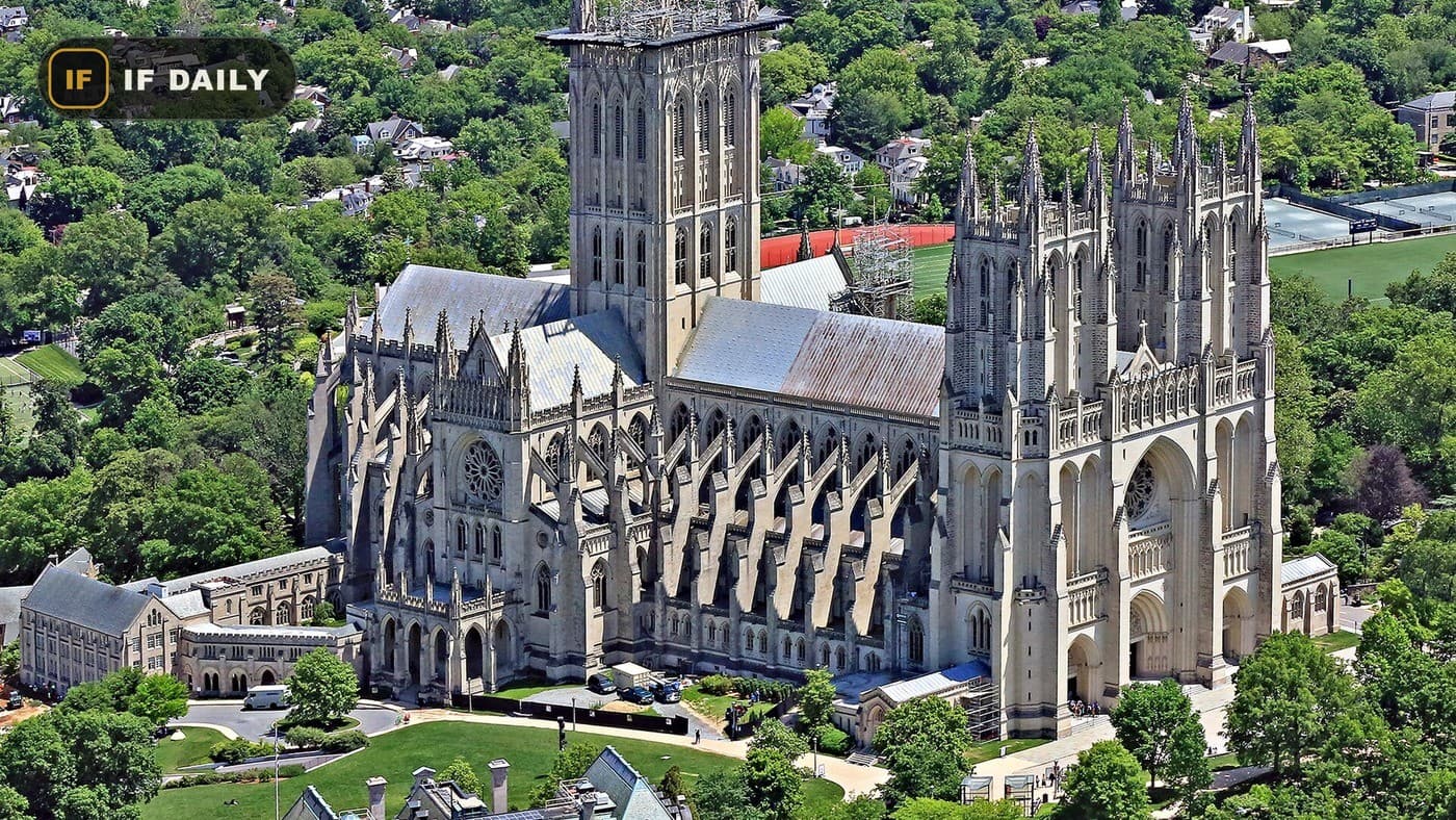 An aerial view of Washington National Cathedral in Washington, D.C. Illustrative photo, not from the service.