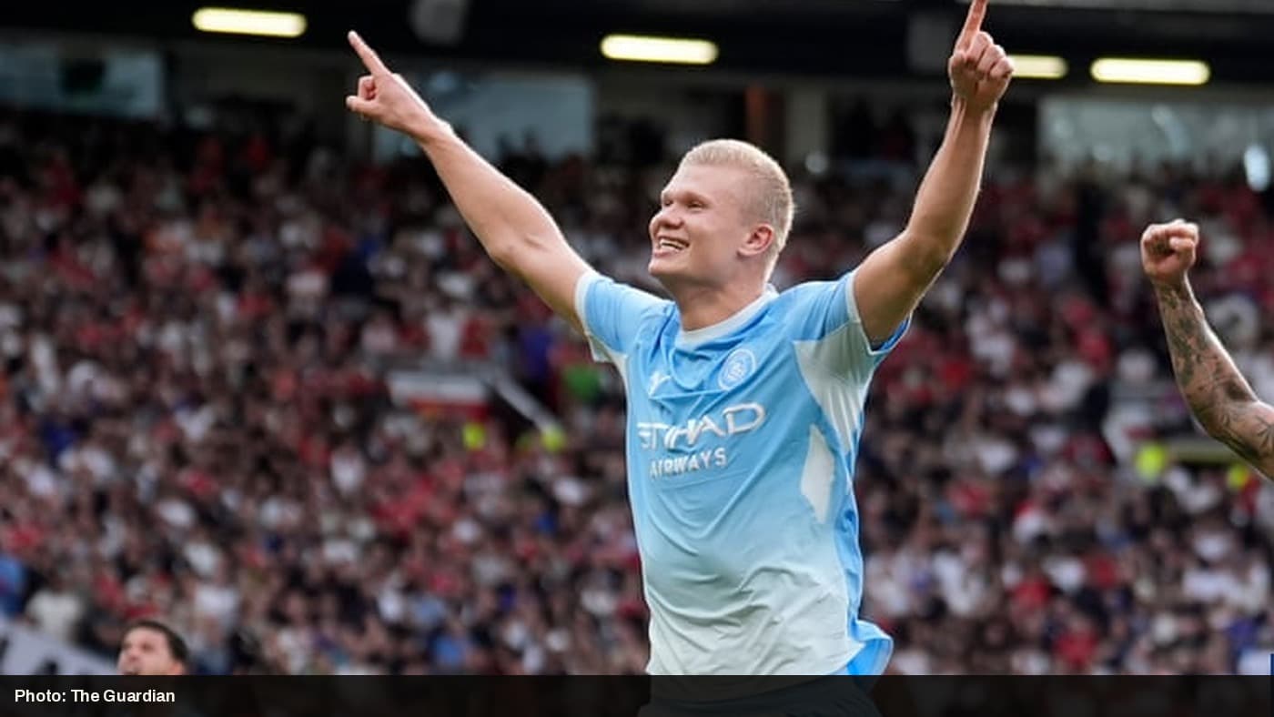 Erling Haaland celebrates his winning goal for Manchester City against Manchester United at Old Trafford.