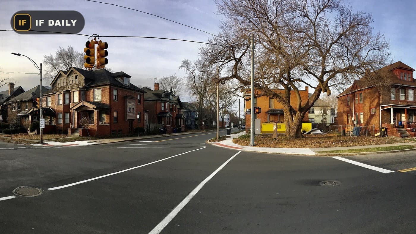 A residential street corner in West Village on Detroit’s east side. Illustrative photo, not the funeral home or the family.