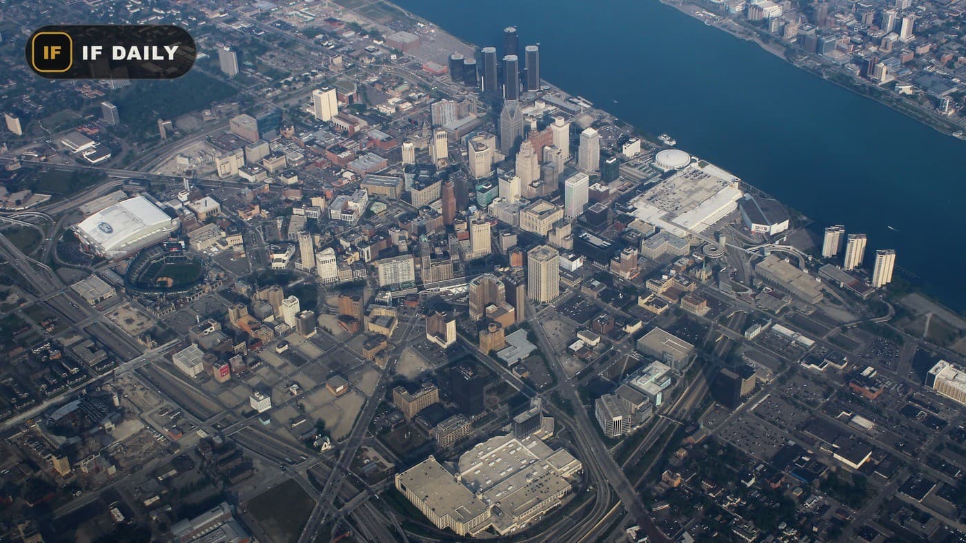 Aerial view of downtown Detroit and the Detroit River. Illustrative photo, not the funeral home or the family.