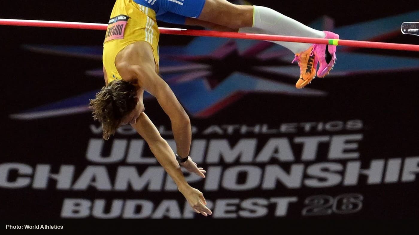Mondo Duplantis clearing the bar at the World Athletics Ultimate Championship in Budapest.