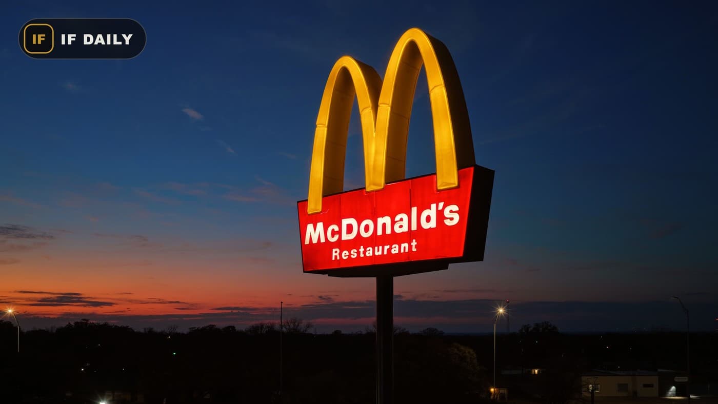 A lit McDonald's sign at dusk