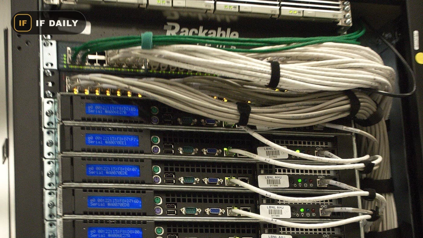 A rack of servers and network cables. Illustrative photo, not the systems involved.