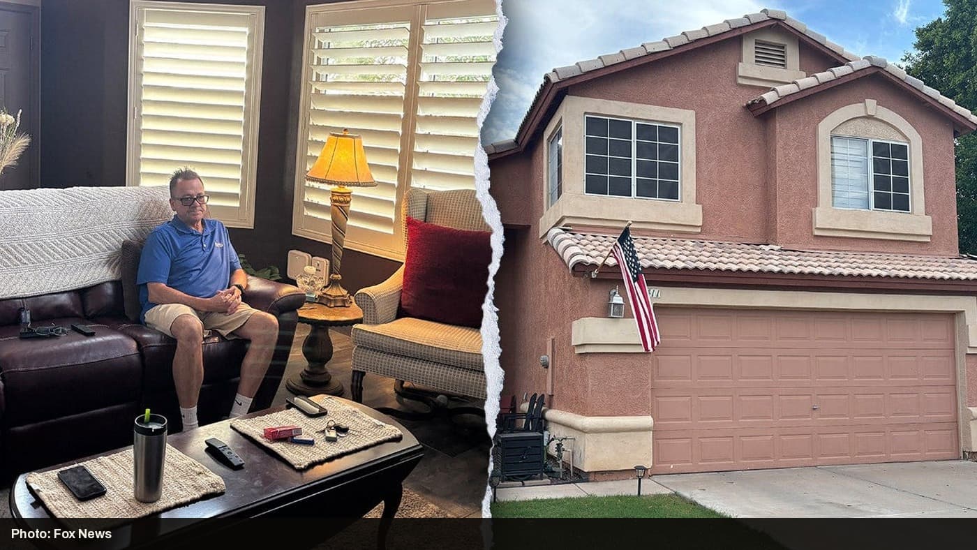 Split image of Toby Newton sitting in his living room and the exterior of his Mesa, Arizona home.