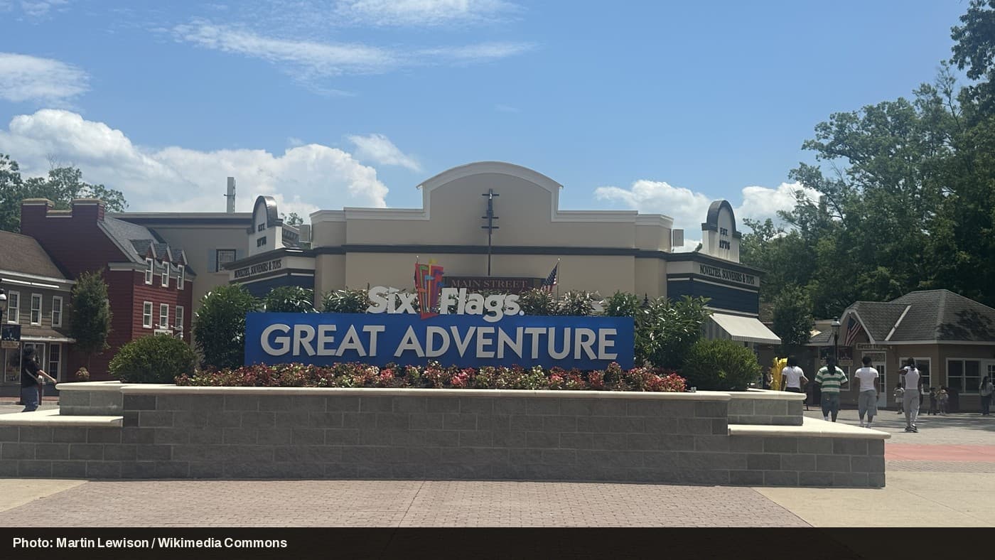 The entrance gate at Six Flags Great Adventure in Jackson, New Jersey.