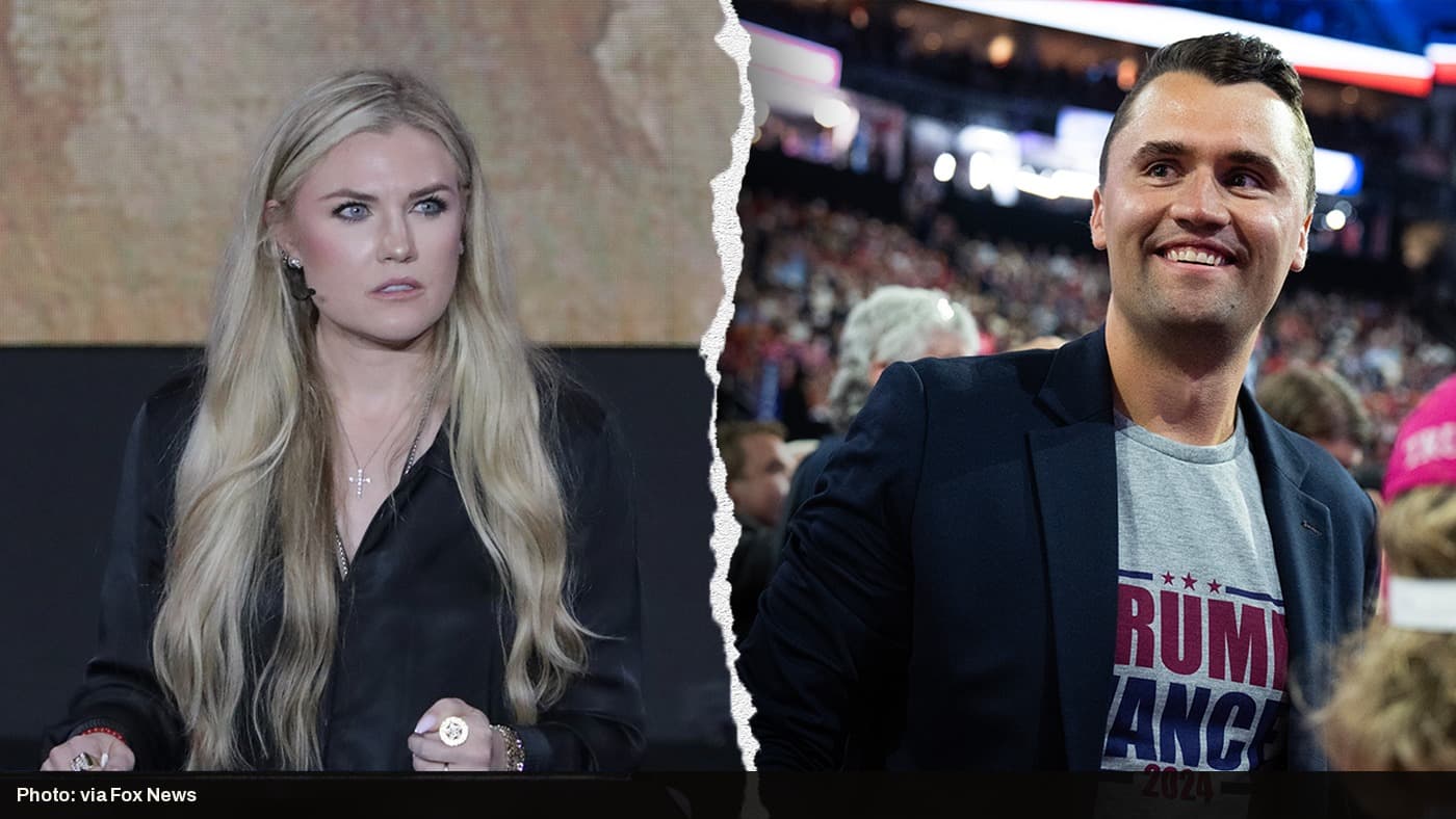 Split image of Erika Kirk speaking at a podium and Charlie Kirk smiling in a crowd at a political event.