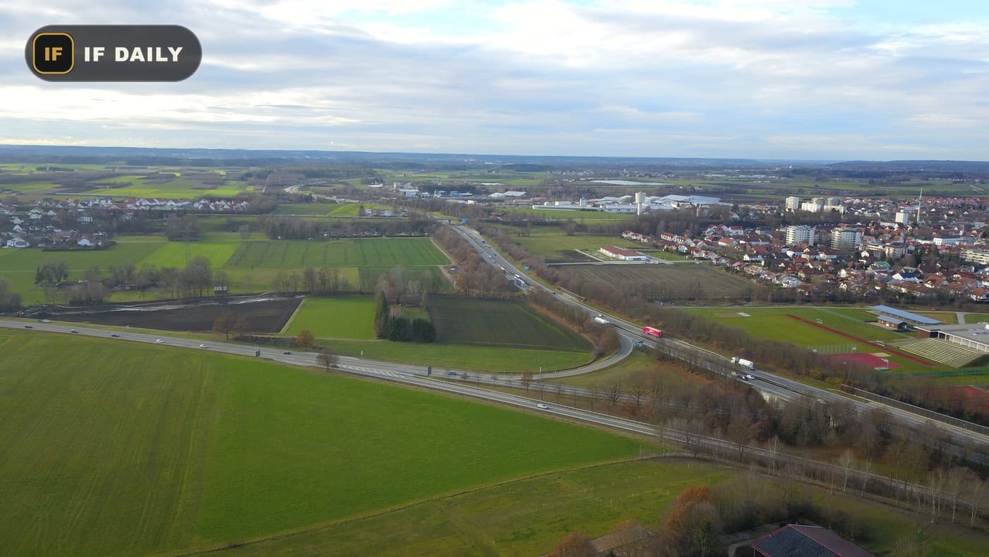Aerial view of the B12/A96 highway junction near Buchloe, Germany