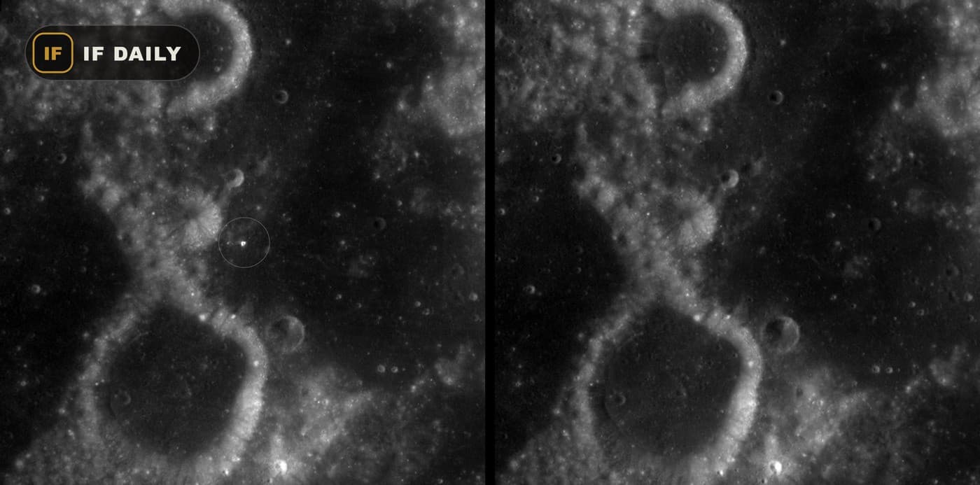 Two side-by-side orbiter images of the same area of the Moon, with a circle marking a bright spot in one of them.