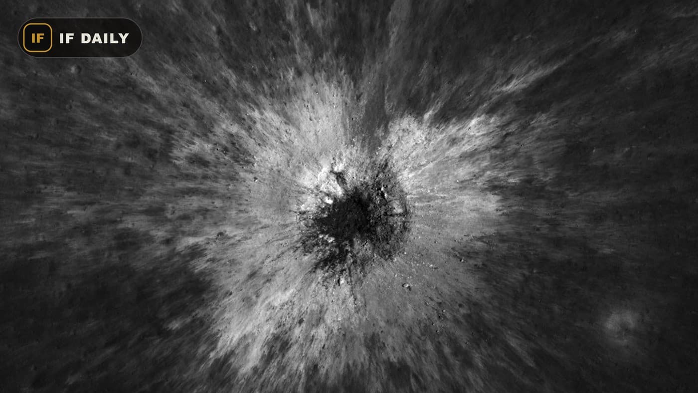 A NASA orbiter image of the McGetchin crater on the Moon, a dark center surrounded by bright ejected material.