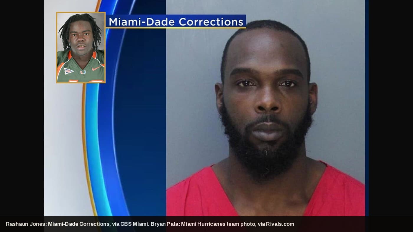 Rashaun Jones's booking photo from Miami-Dade Corrections, with an inset of Bryan Pata's Miami Hurricanes team photo.