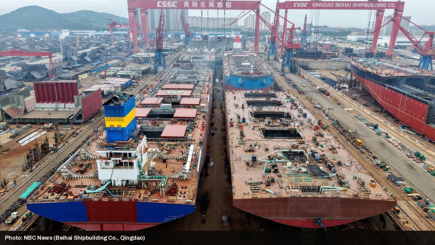 Aerial view of the Qingdao Beihai Shipbuilding Co. dry docks where a fire aboard the Ocean Melody killed 25 people.