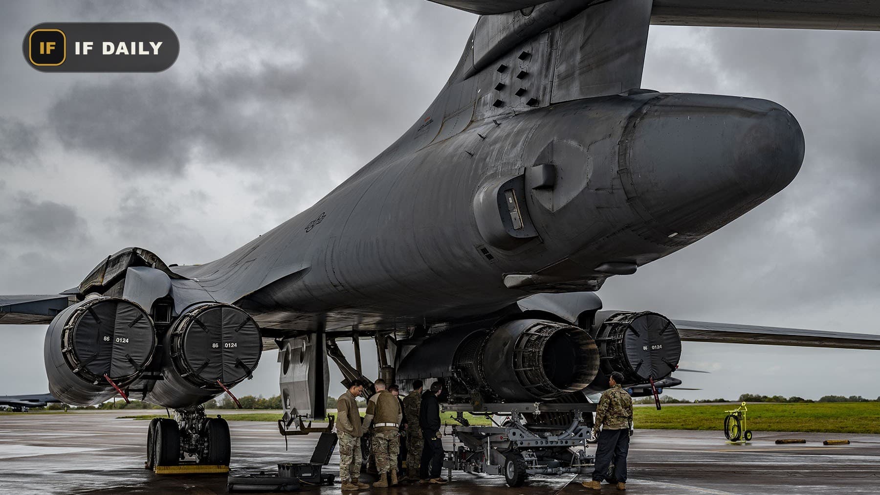 A U.S. Air Force B-1 Lancer bomber undergoing maintenance at RAF Fairford