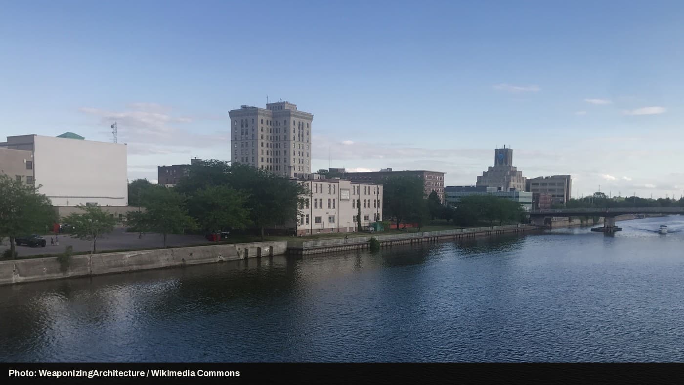 The Saginaw River and downtown skyline in Saginaw, Michigan.