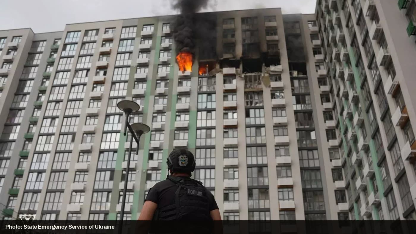 A Kyiv apartment building damaged by a Russian strike, September 2026.
