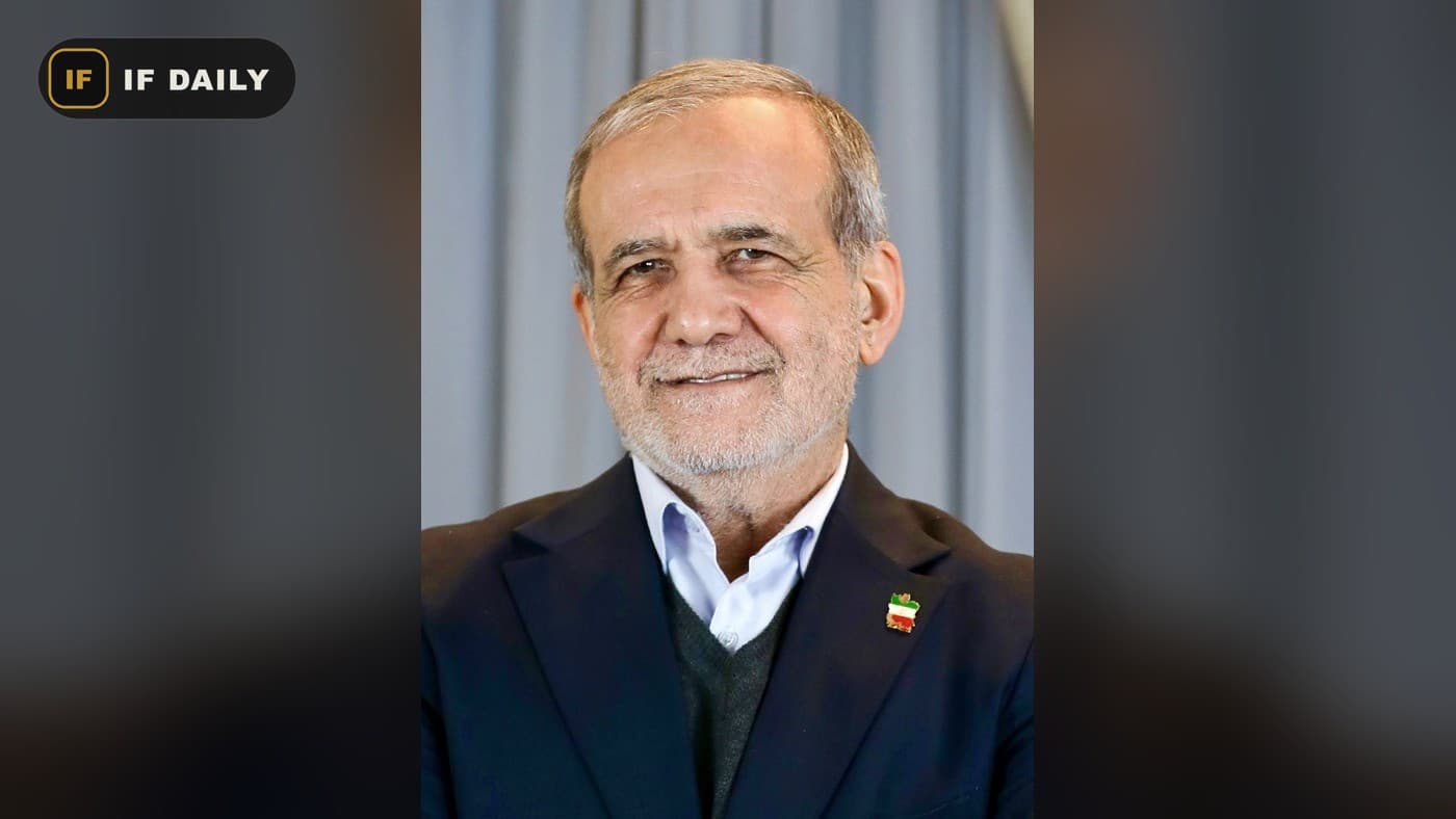 Portrait of Iranian President Masoud Pezeshkian.
