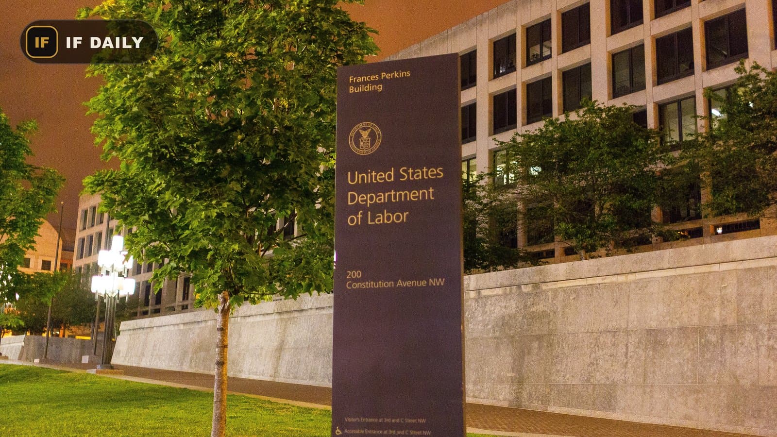 Sign outside the Frances Perkins Building, headquarters of the U.S. Department of Labor