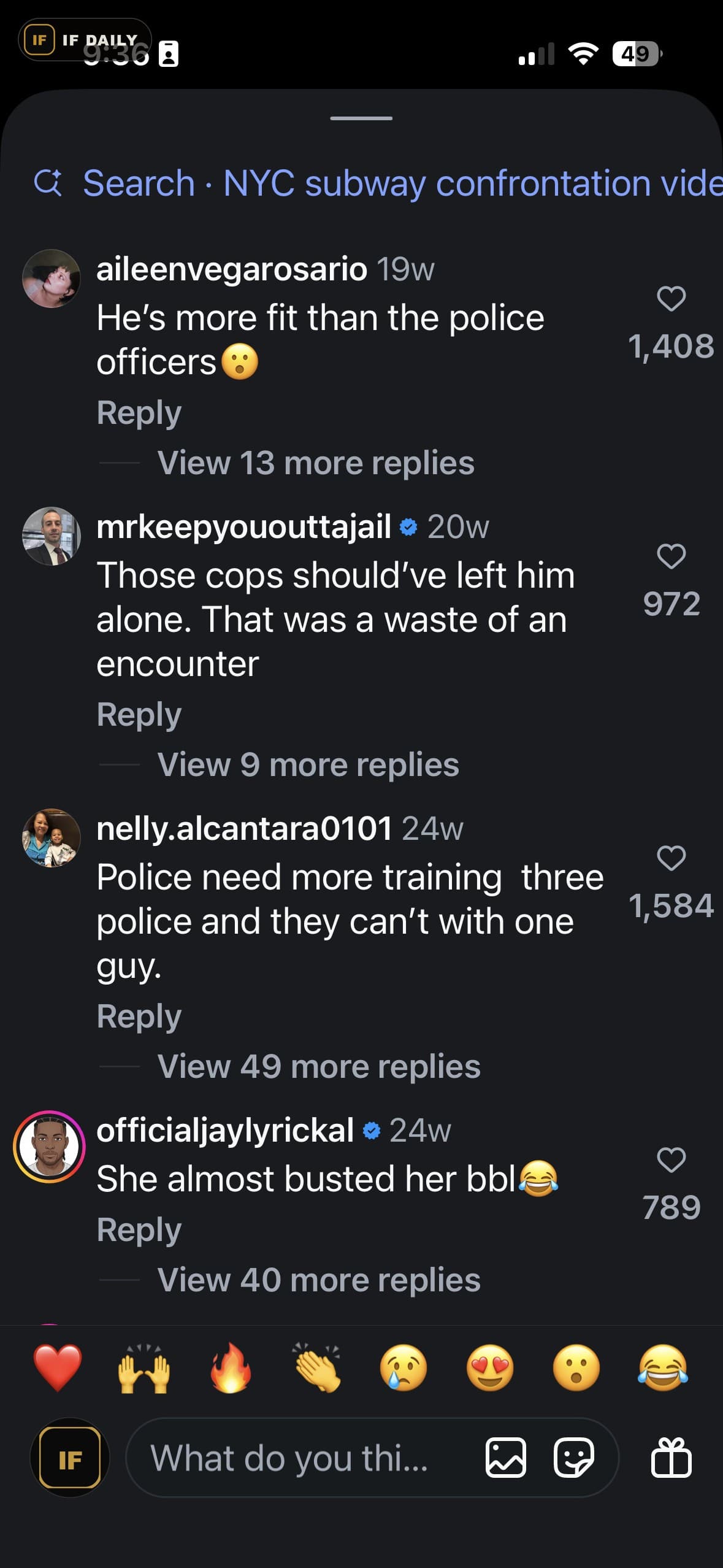 Instagram comments reacting to a viral police video, including one reading 'Police need more training three police and they can't with one guy'