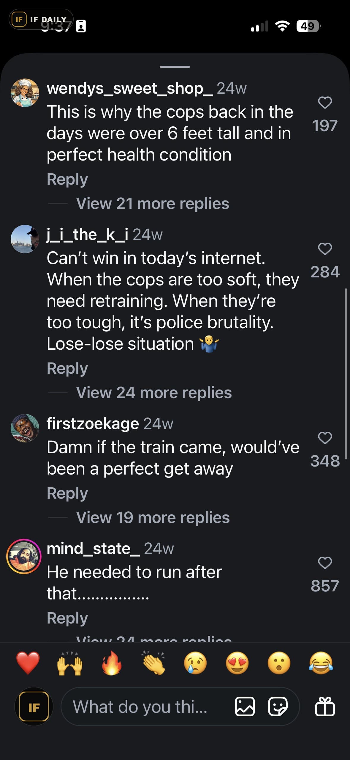 More Instagram comments debating whether police were justified, including one calling the use of force 'a waste of an encounter'