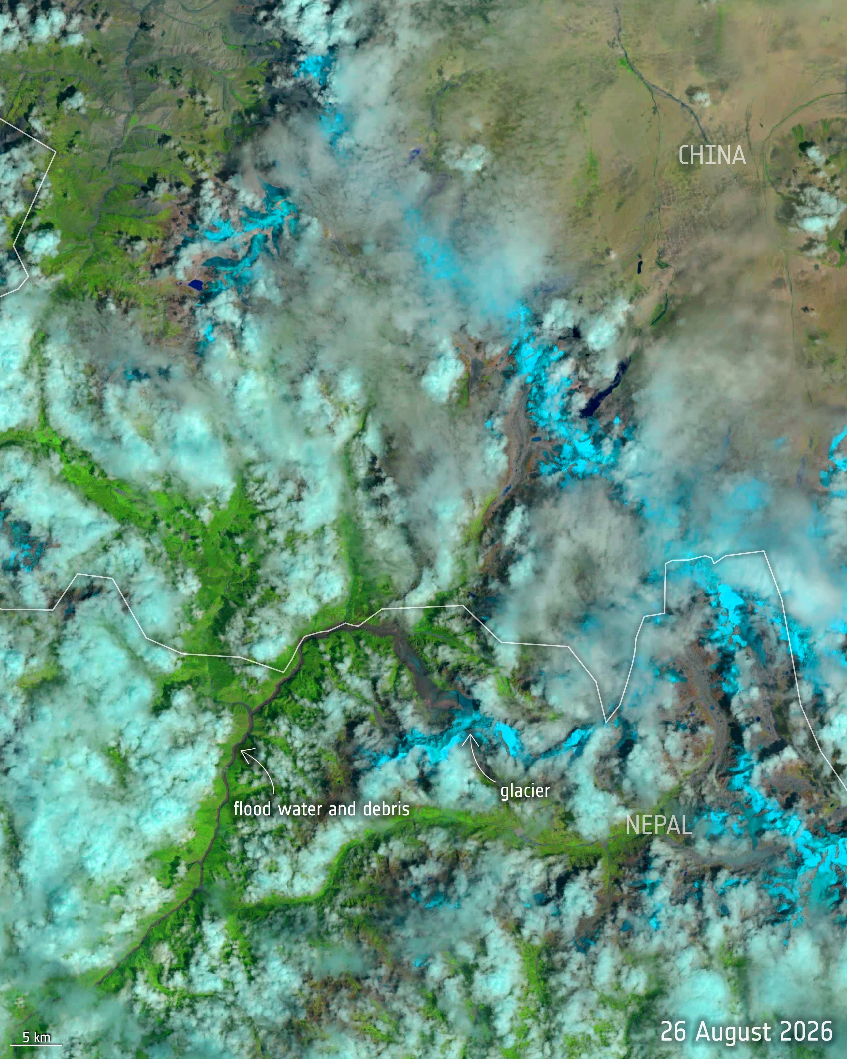 Satellite imagery of the Nepal-Tibet border region showing flood water and debris from the glacier collapse, August 26, 2026
