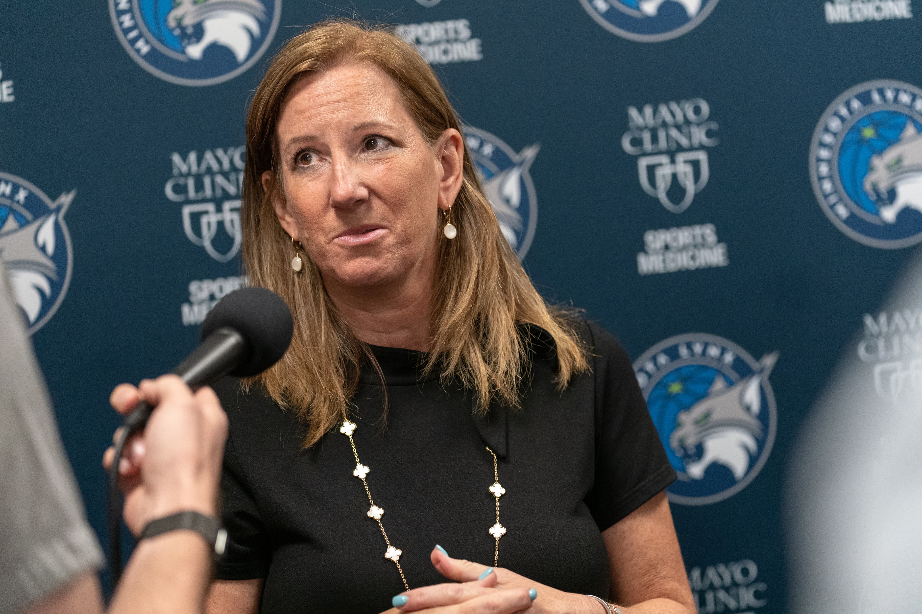 WNBA Commissioner Cathy Engelbert speaking at a press conference