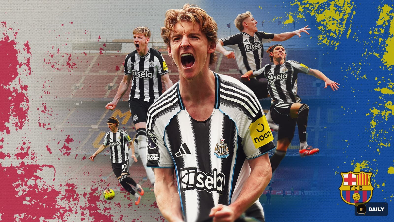 Editorial graphic marking Anthony Gordon's move from Newcastle United to Barcelona