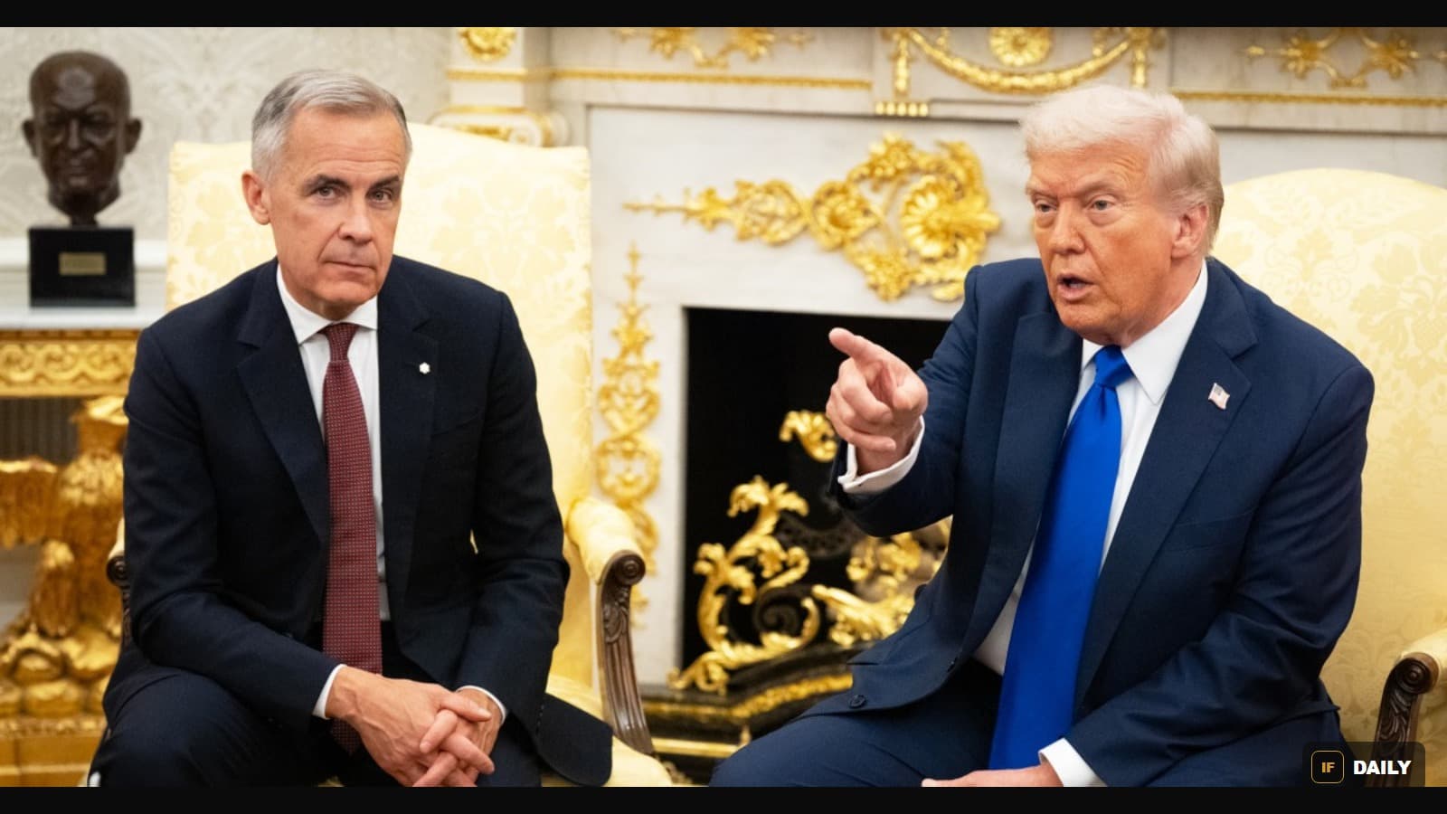 Canadian Prime Minister Mark Carney sits beside U.S. President Donald Trump during a meeting