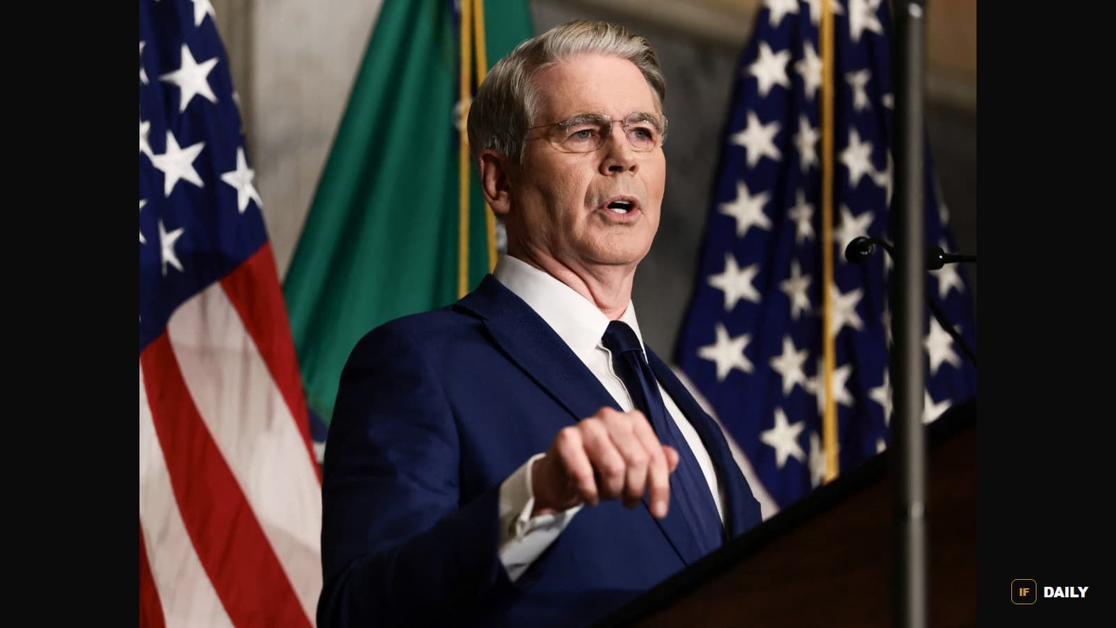 US Treasury Secretary Scott Bessent speaking at a podium