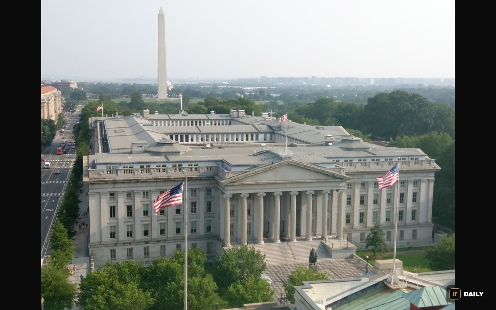 The United States Treasury Department building in Washington, D.C., with the Washington Monument visible in the background
