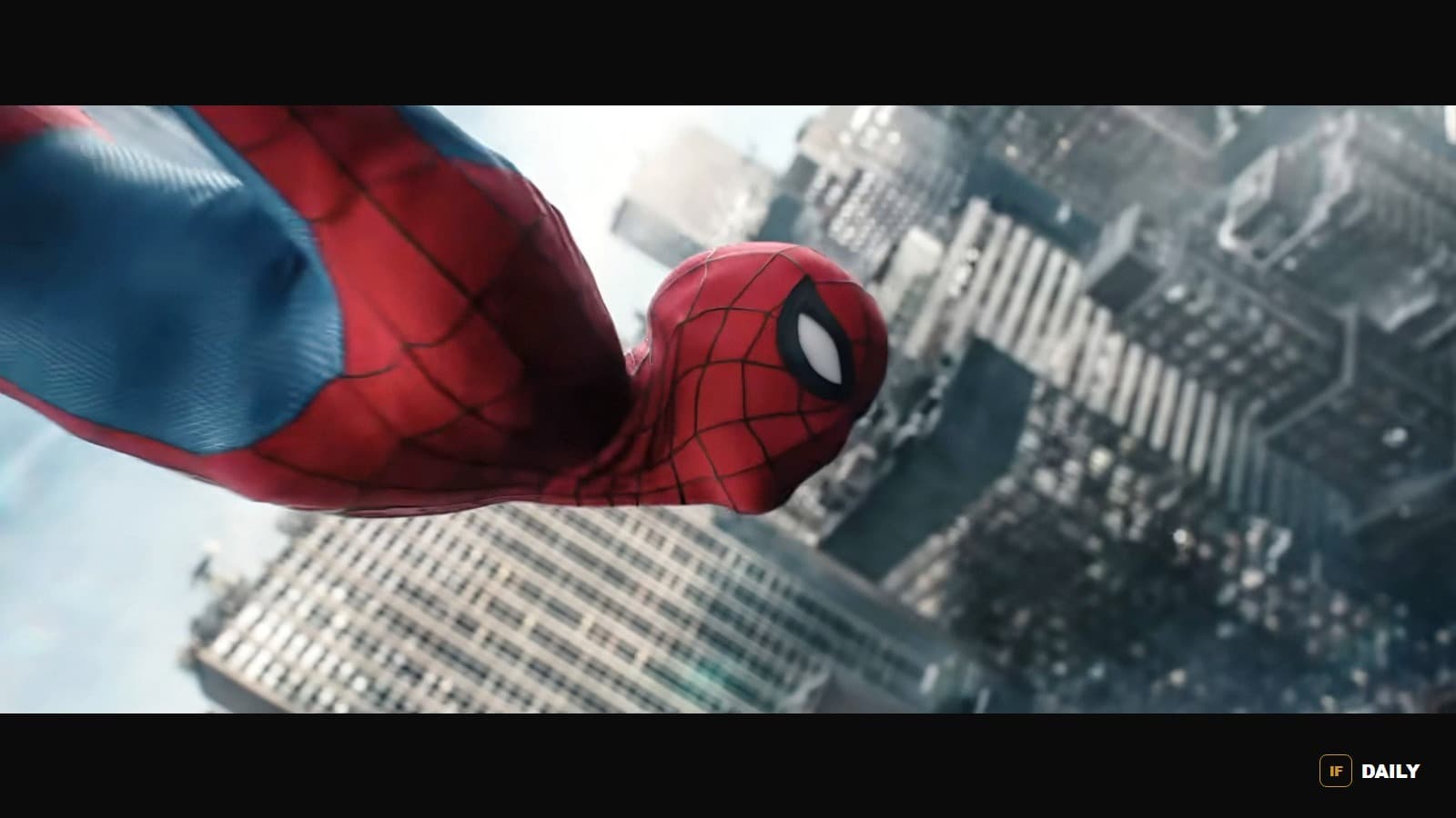 Spider-Man swinging high above a city skyline, looking down toward the streets below