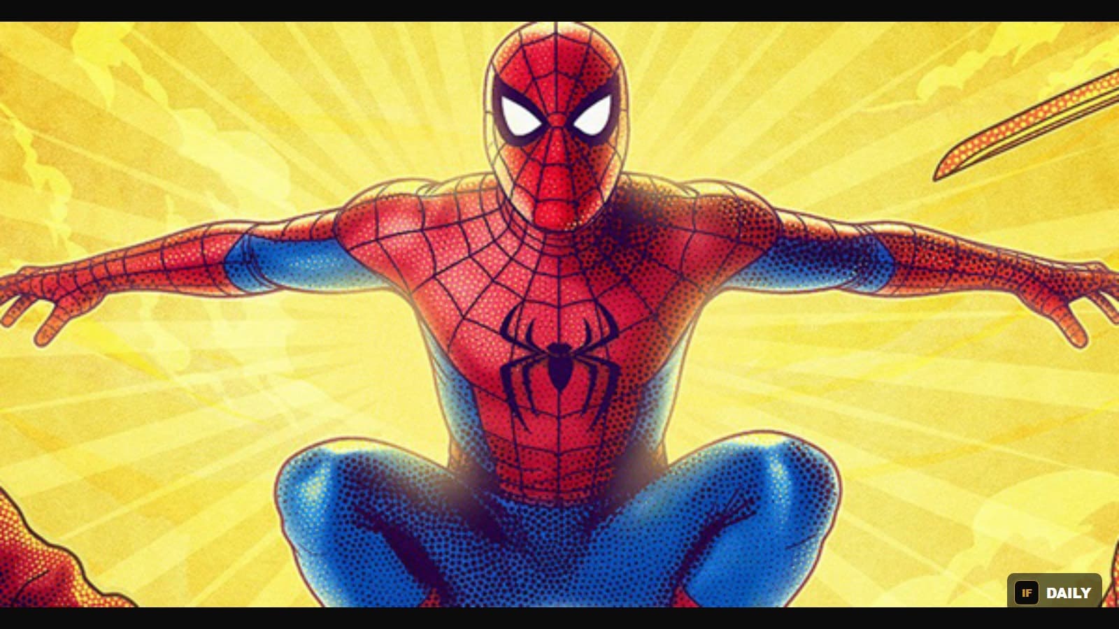 Illustrated poster art of Spider-Man crouched against a bright yellow background