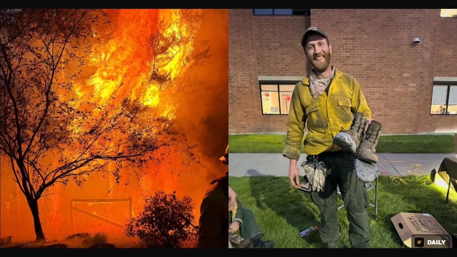 Split image: wildfire flames burning through trees at night, and a smiling firefighter holding his old worn boots next to a JK Boots box