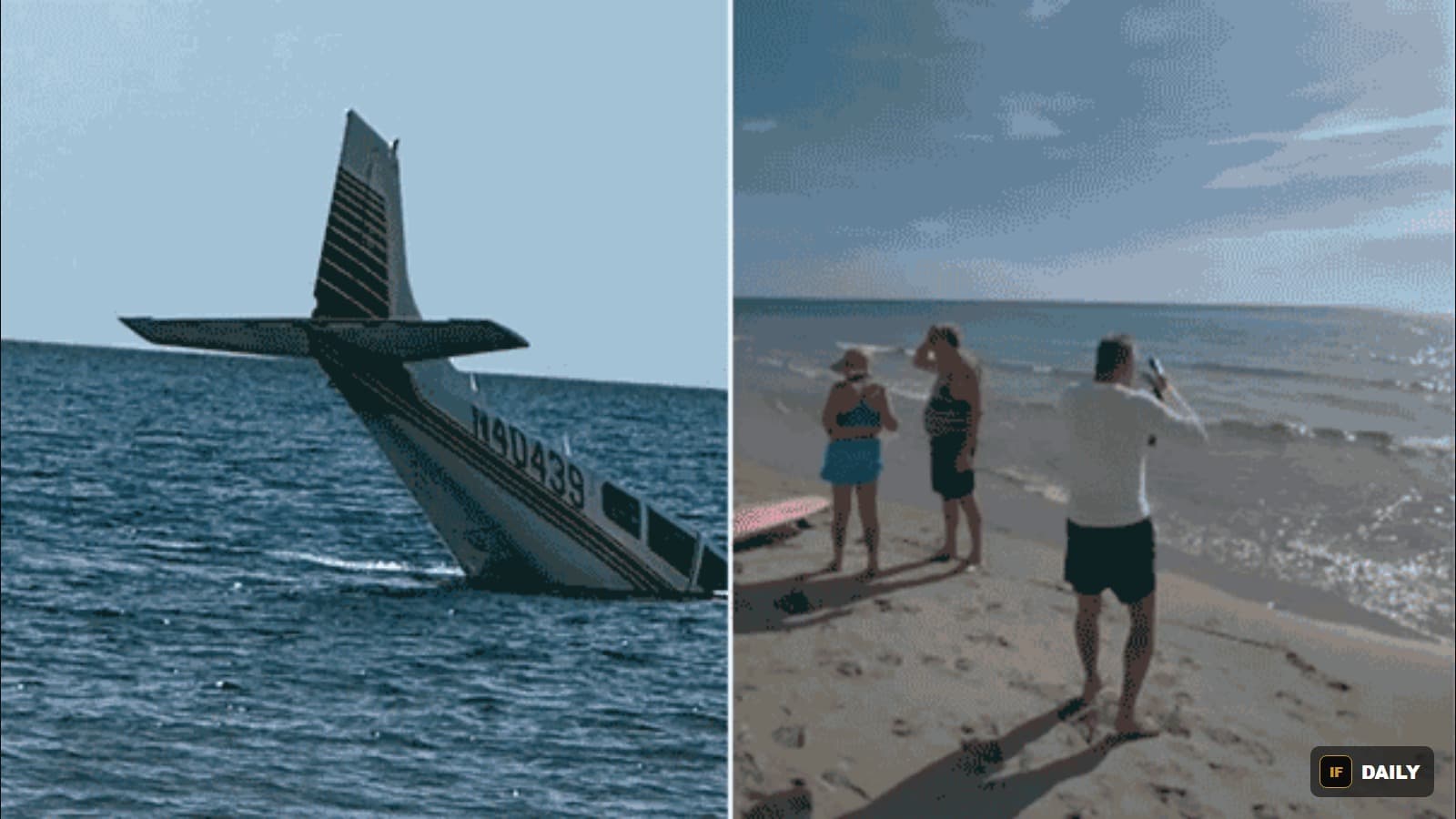 Split image: the plane''s tail sticking out of the ocean water, and beachgoers on shore filming the scene