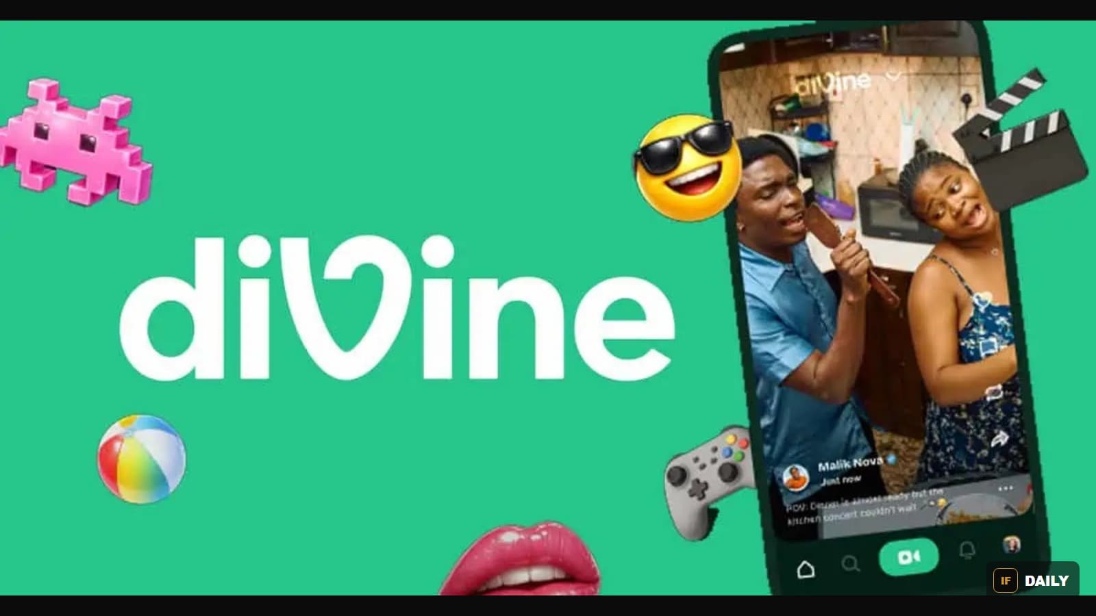 Official "diVine" app promotional artwork showing the app logo and a phone screen with a short video