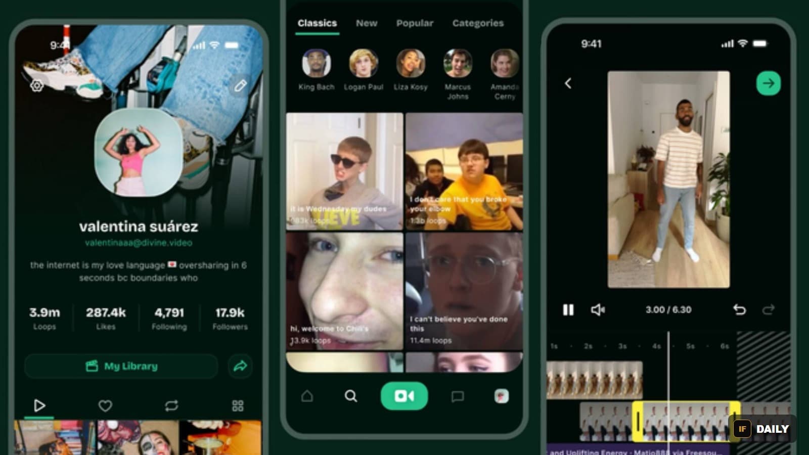Screenshots of the Divine app showing a user profile, a grid of classic Vine creators, and a video editing screen