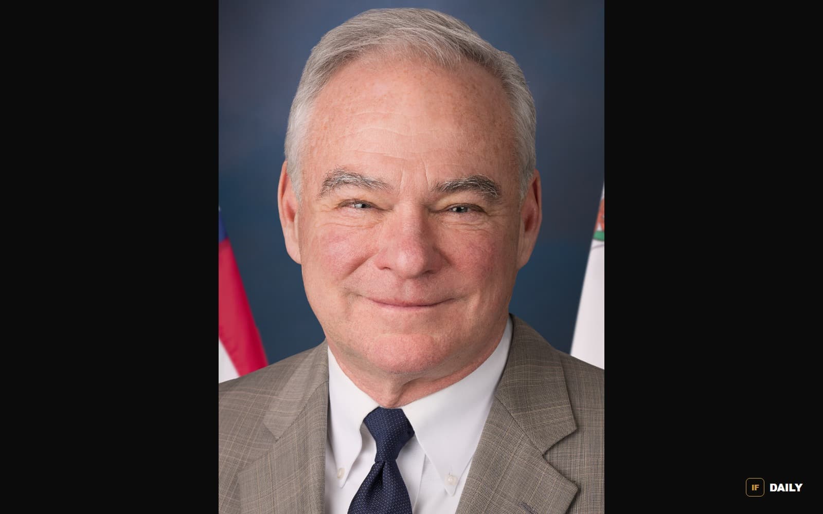 Official portrait of Senator Tim Kaine in a suit and tie against a blue background with flags