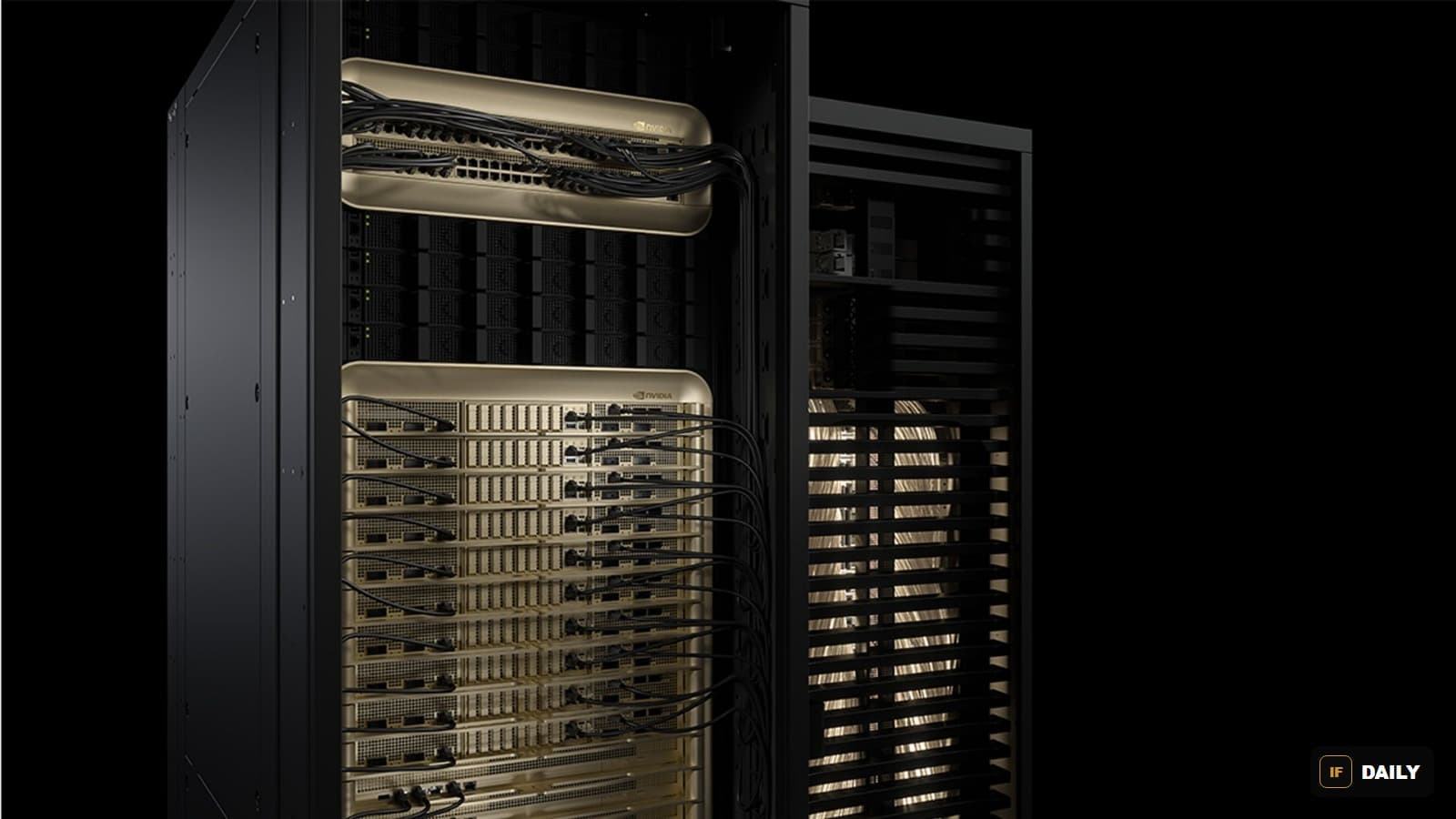 Close-up of an Nvidia-branded server rack with cables connected to multiple units