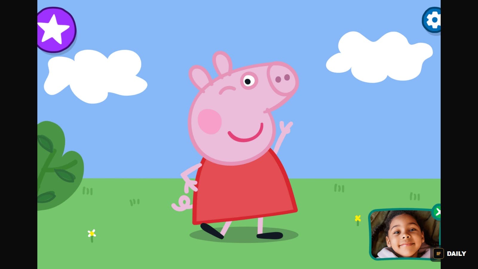 A screenshot of an interactive Peppa Pig app showing the character waving next to a small video window of a child