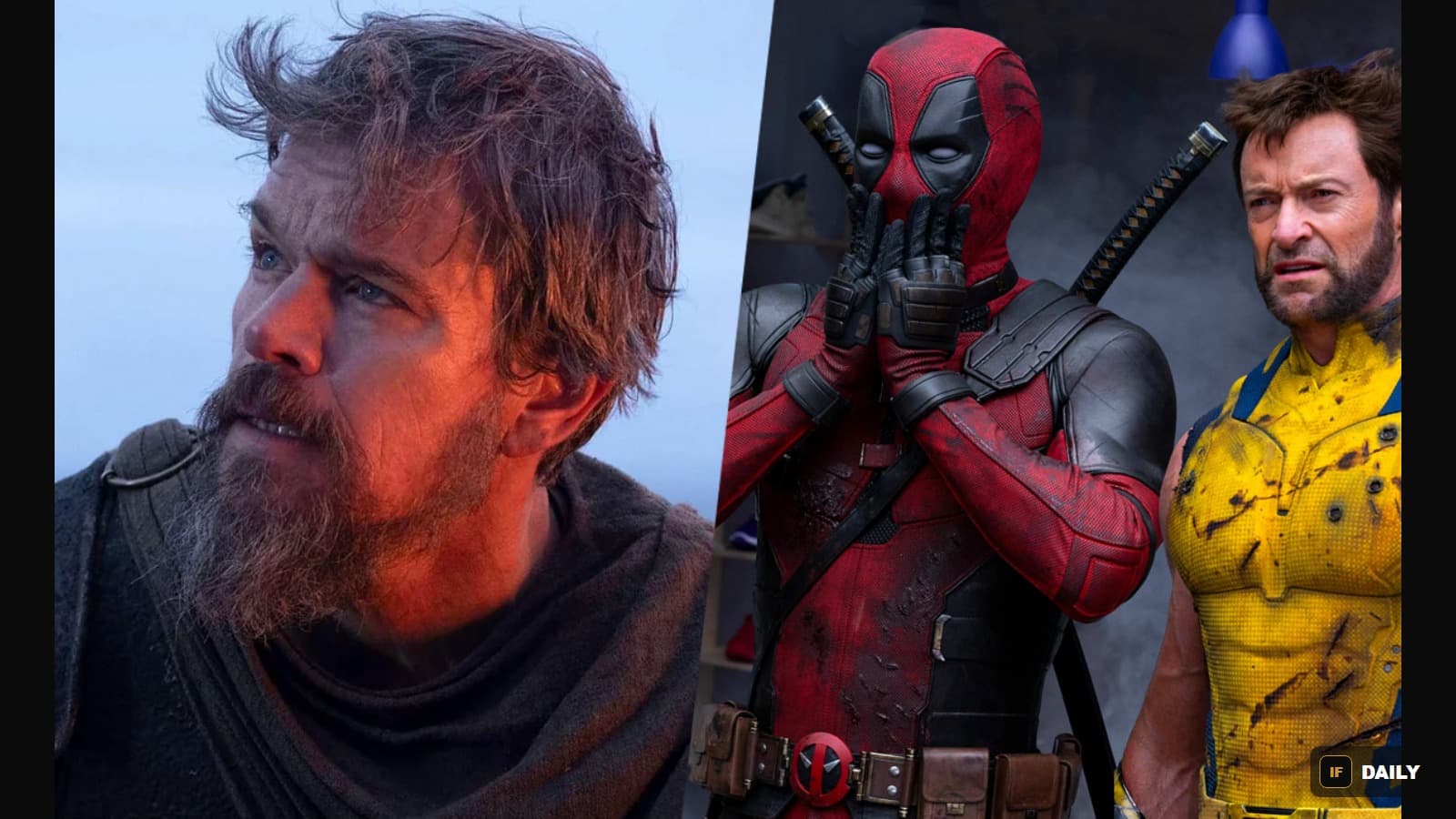 Split image of Matt Damon in costume as Odysseus next to Deadpool and Wolverine in character