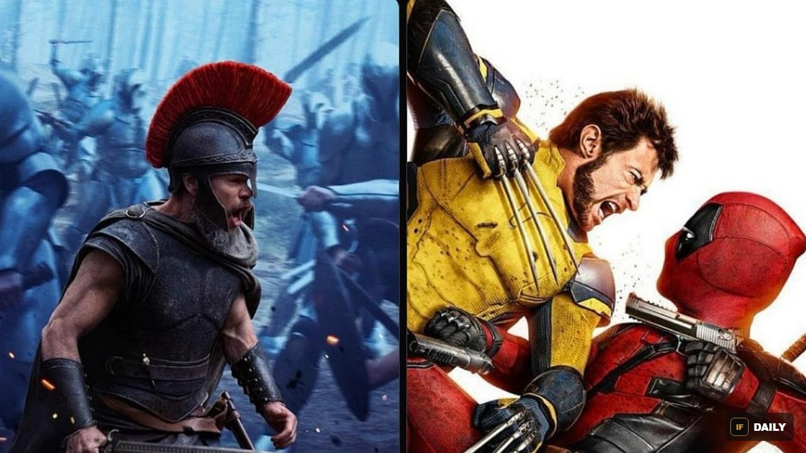 Side-by-side movie stills: a Greek warrior charging into battle next to Wolverine and Deadpool fighting