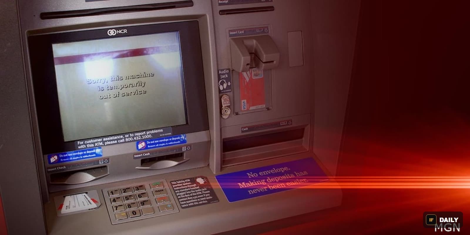A close-up of an ATM machine screen displaying an out-of-service message