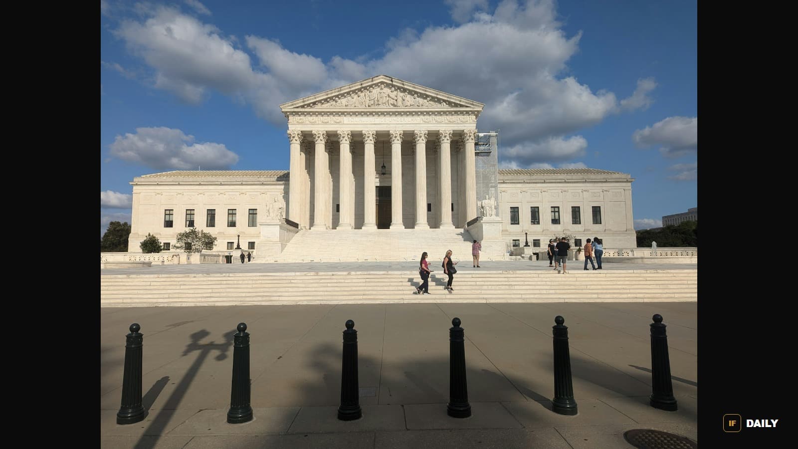 The United States Supreme Court building with its columned entrance and visitors on the steps