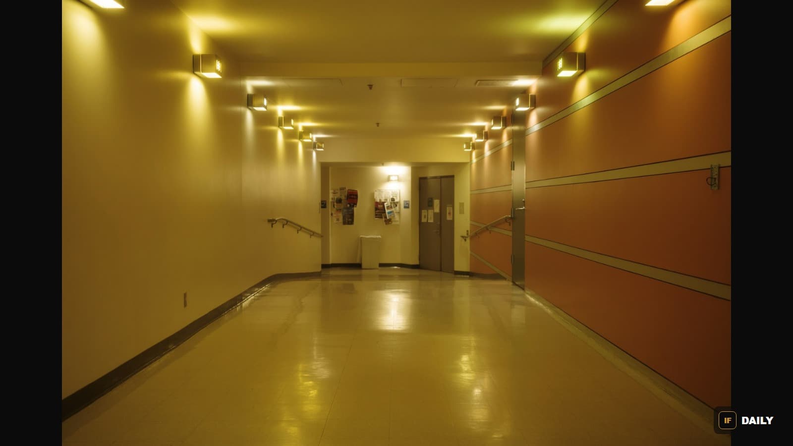 A dimly lit, empty hospital corridor with warm overhead lighting, doors visible at the far end