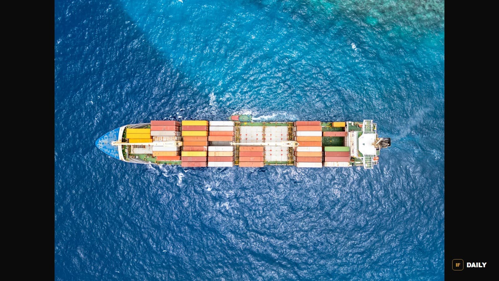 An aerial view of a large container ship loaded with cargo, sailing through blue ocean water