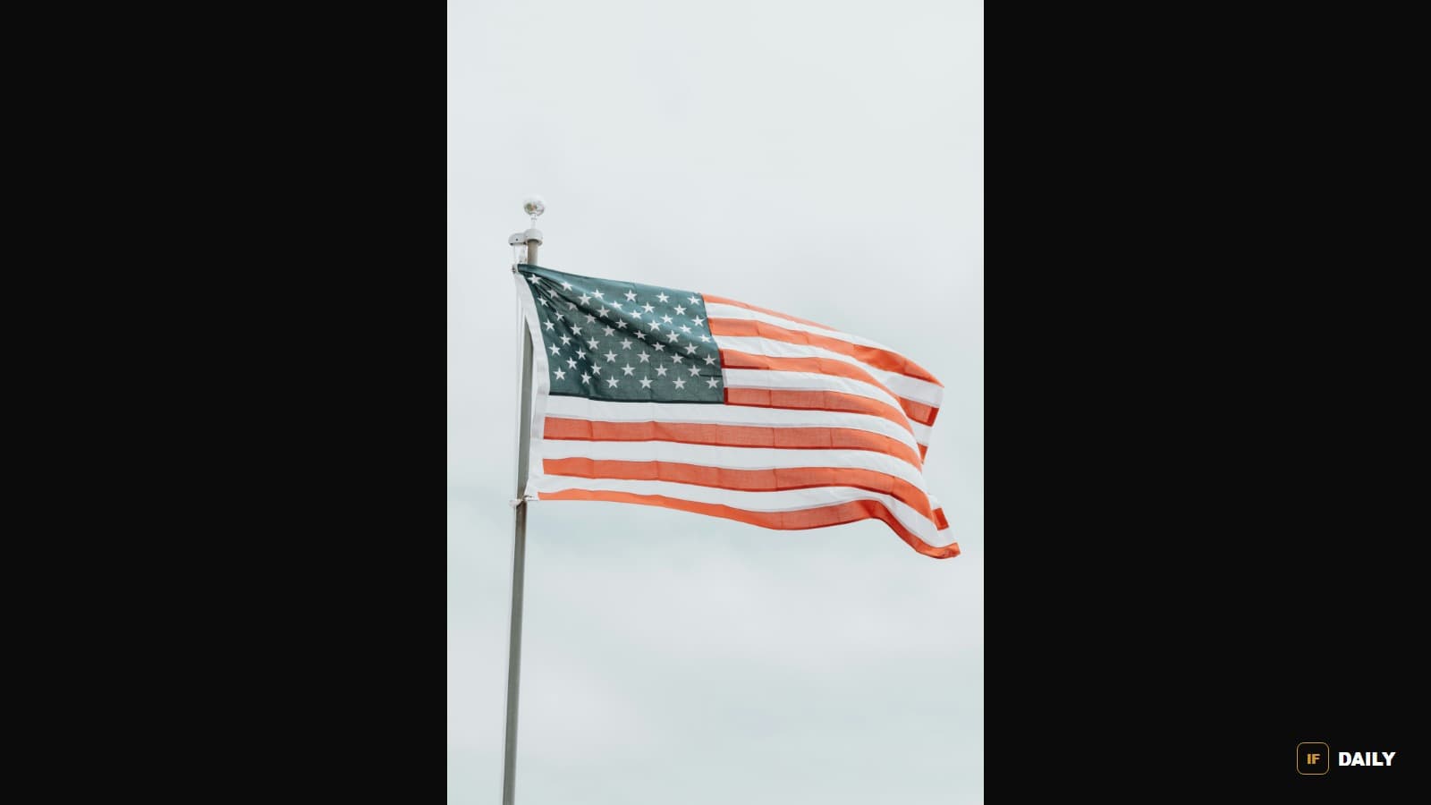A close-up of an American flag waving against a clear sky