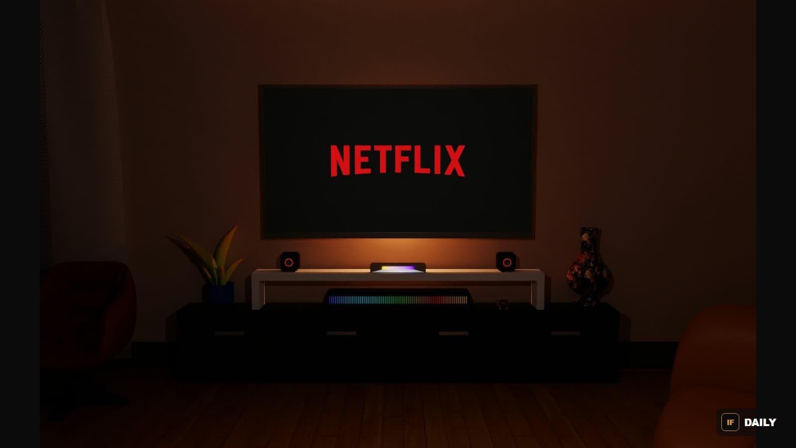 A dark living room with a wall-mounted television displaying the red Netflix logo