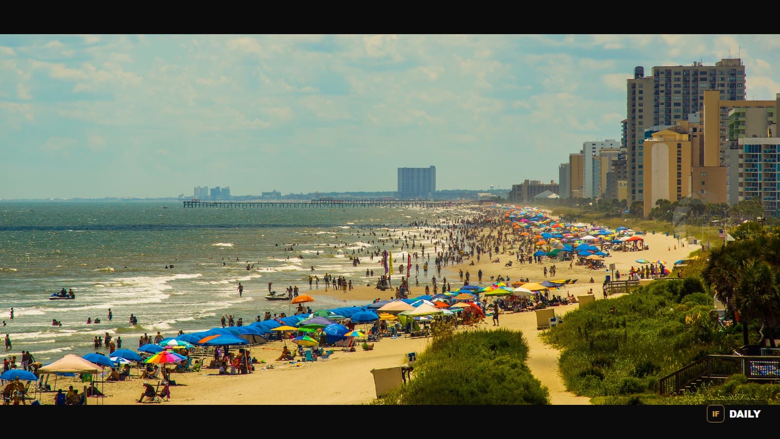Aerial view of the crowded Myrtle Beach shoreline with umbrellas and swimmers