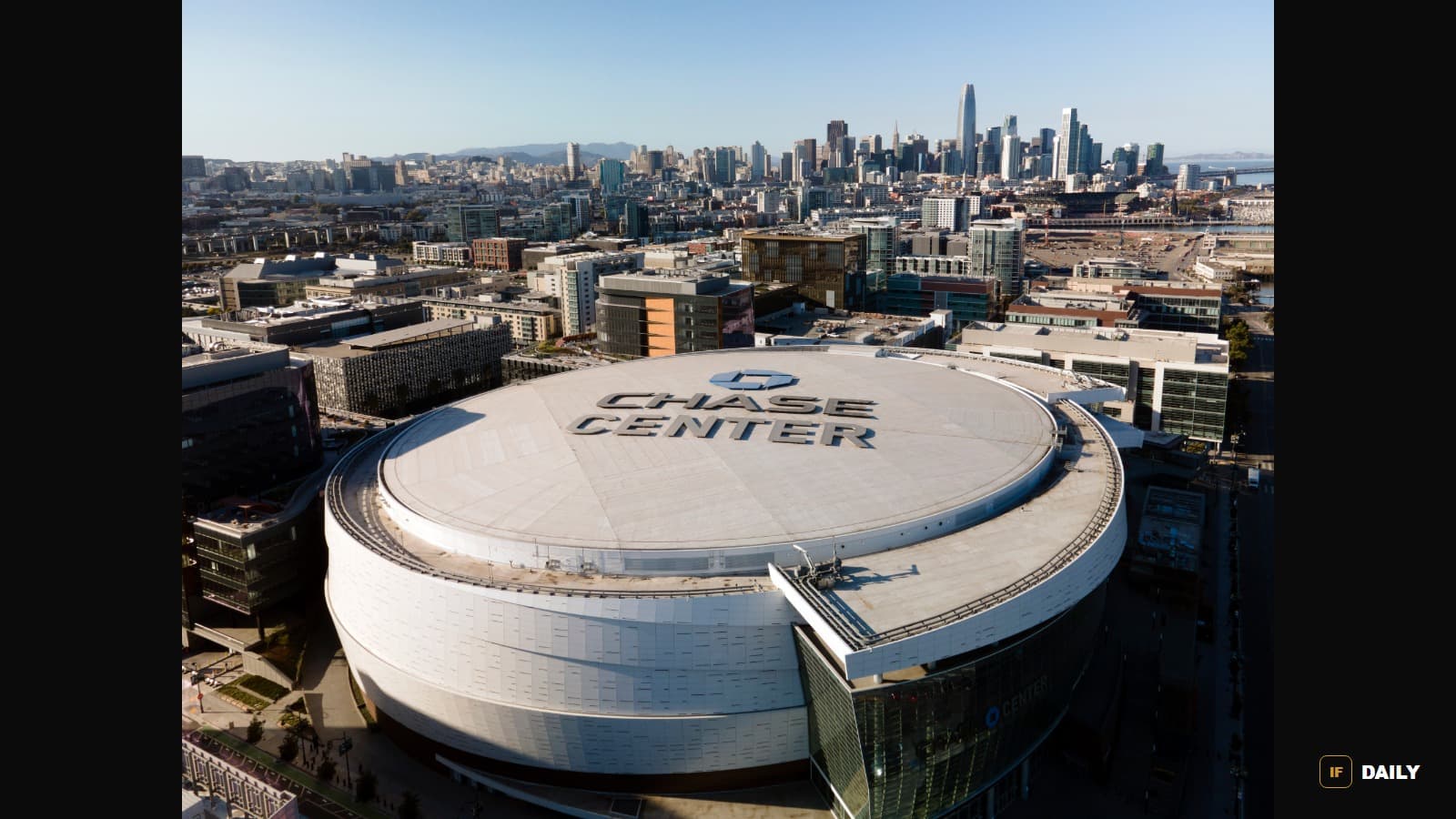Aerial view of Chase Center, home arena of the Golden State Warriors, with the San Francisco skyline behind it