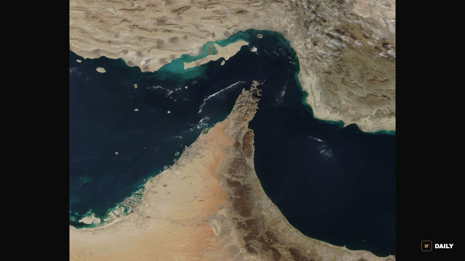 NASA satellite image of the Strait of Hormuz between Iran and the Arabian Peninsula