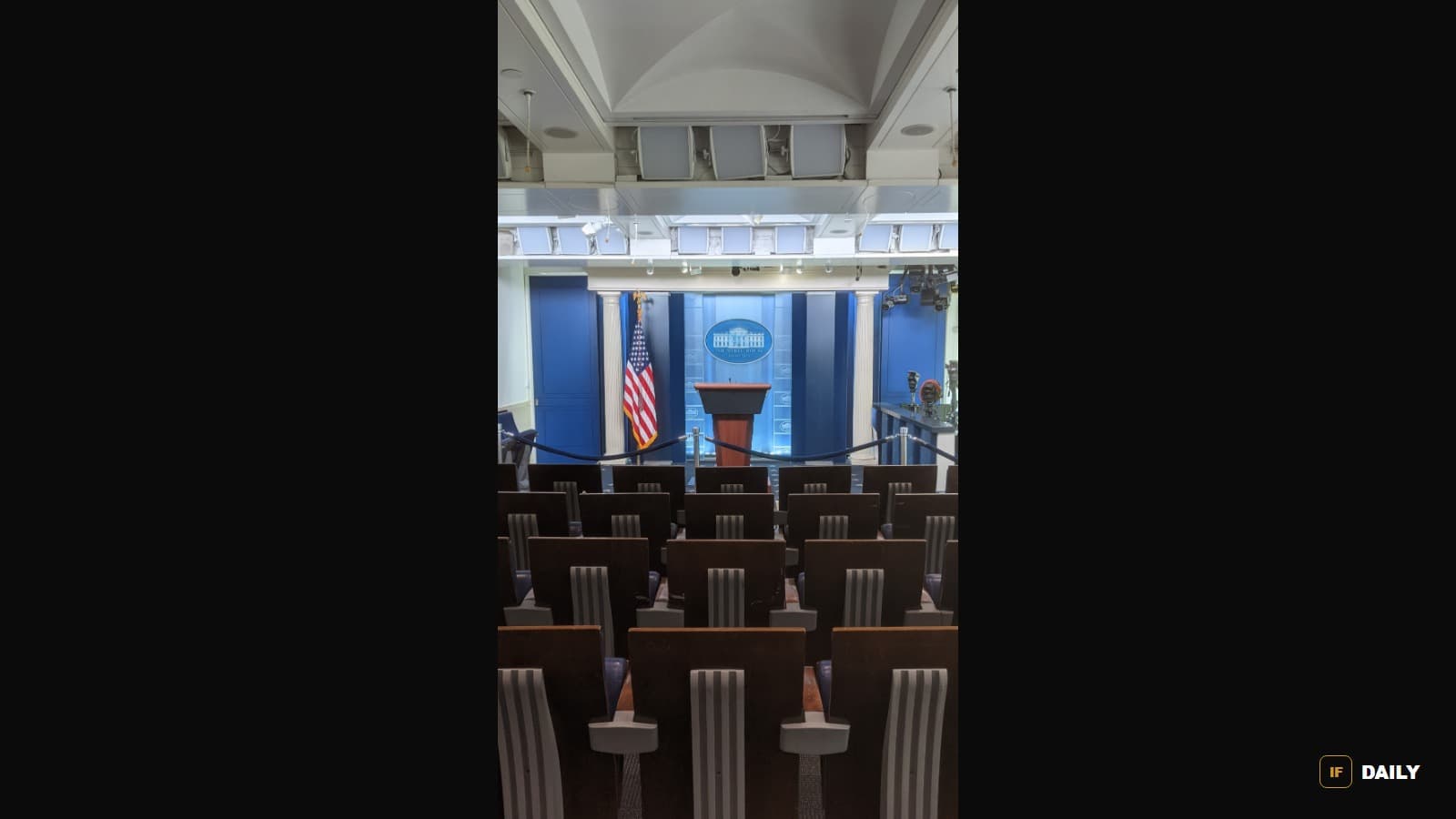 The empty James S. Brady Press Briefing Room podium at the White House